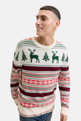 Sweat-shirt multicolore avec col rond d'ORIGINALS BY JACK & JONES, avec des motifs de Noël comme des rennes et des arbres.
