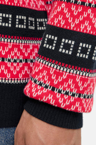 T-shirt bleu avec col rond d'ORIGINALS BY JACK & JONES, avec des motifs Fair Isle rouges et blancs sur la manche.
