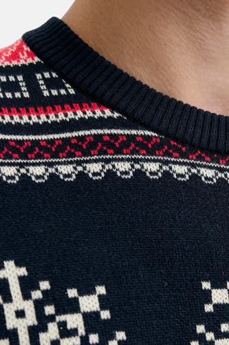 T-shirt bleu avec col rond d'ORIGINALS BY JACK & JONES, doté d'un motif jacquard en rouge et blanc.