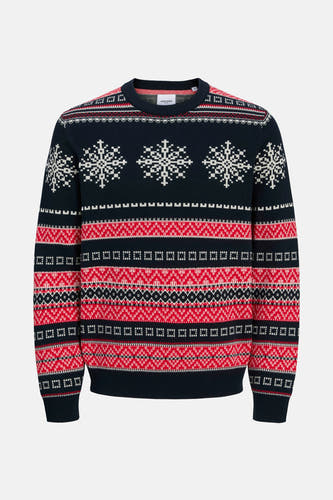T-shirt bleu avec col rond d'ORIGINALS par JACK & JONES, avec des motifs de Noël et des détails rouges.