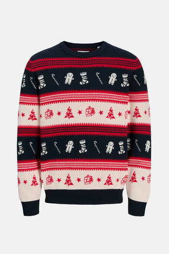 Sweat-shirt multicolore à col rond d'ORIGINALS BY JACK & JONES, avec des motifs de Noël tels que des hommes gingerbread, des bonbons et des arbres de Noël.
