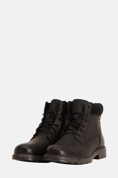 Bottes noires d'ACCESSORIES BY JACK & JONES, avec des lacets et un détail de col en suède, en vue latérale.