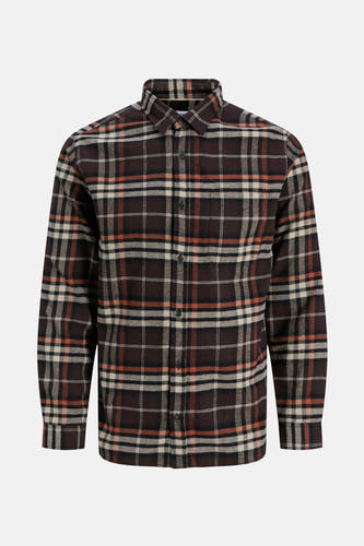 Chemise en flanelle marron à longues manches d'Originals by Jack & Jones, avec un motif à carreaux et une fermeture à boutons.
