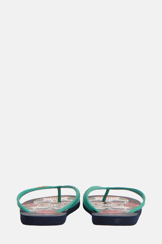 Chaussons bleus d'ACCESSORIES BY JACK & JONES, avec un motif graphique coloré et des bandes vertes.