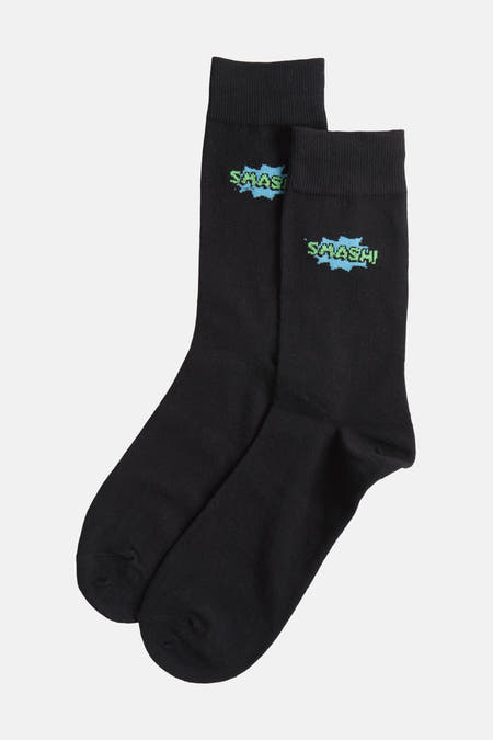 Chaussettes noires de ACCESSORIES BY JACK & JONES, avec texte graphique 'Smash!' en vert et bleu.
