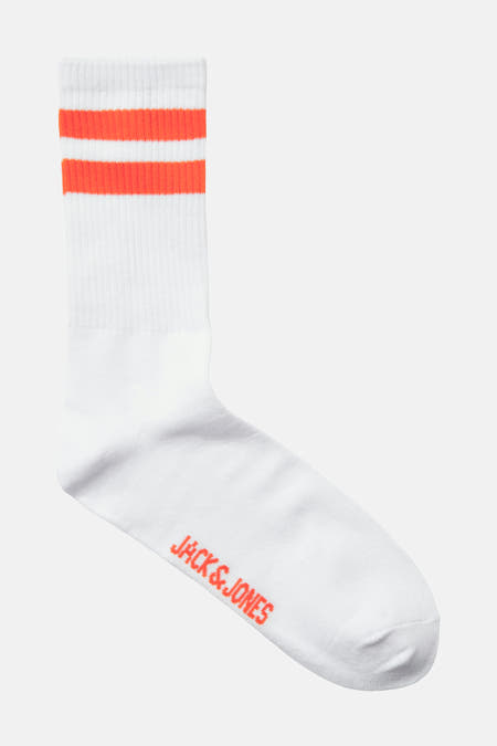 Chaussettes blanches d'ACCESSORIES BY JACK & JONES, avec des rayures oranges et le logo.