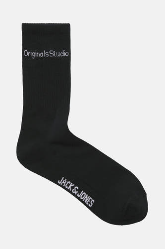 Chaussettes noires d'ACCESSORIES BY JACK & JONES, avec logo de marque et texte "Originals Studio" sur la tige.