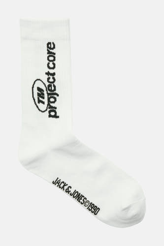 Chaussettes blanches d'ACCESSORIES BY JACK & JONES avec imprimé noir et logo.