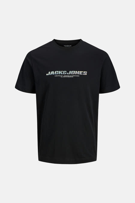T-shirt noir à manches courtes de CORE by JACK & JONES, avec une impression de texte blanche sur la poitrine.