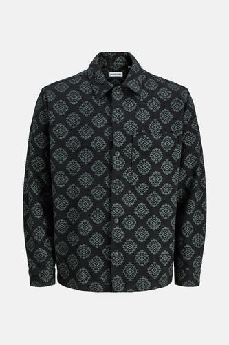 Chemise noire à manches longues de CORE BY JACK & JONES, avec un motif de formes géométriques grises.