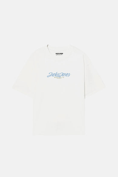 T-shirt blanc à manches courtes d'ORIGINALS BY JACK & JONES, avec un imprimé de logo bleu clair sur la poitrine.