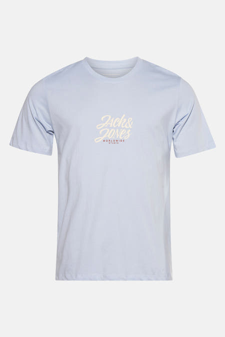 T-shirt bleu à manches courtes d'ORIGINALS BY JACK & JONES, avec logo beige sur la devant.