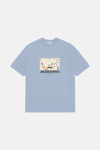 T-shirt bleu à manches courtes d'ORIGINALS par JACK & JONES, avec une impression graphique sur la poitrine.