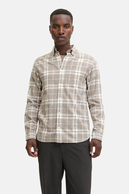 Chemise beige à longues manches de PREMIUM BLUE par JACK & JONES, avec un motif à carreaux.
