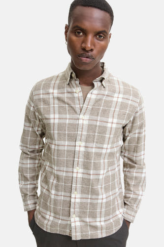Chemise beige à manches longues de PREMIUM BLUE par JACK & JONES, avec un motif à carreaux et une fermeture à boutons.