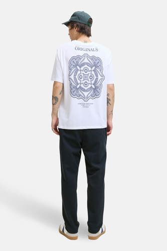 Pantalon bleu de JACK & JONES JEANS INTELLIGENCE, vu de dos, combiné avec un t-shirt blanc et une casquette verte.