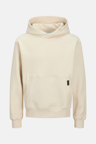 Gilet beige avec capuche de PREMIUM BLUE par JACK & JONES, doté d'une poche kangourou et d'un détail de étiquette.