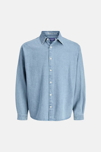 Lichtblauw denim overhemd met lange mouwen van ORIGINALS BY JACK & JONES en witte knopen.