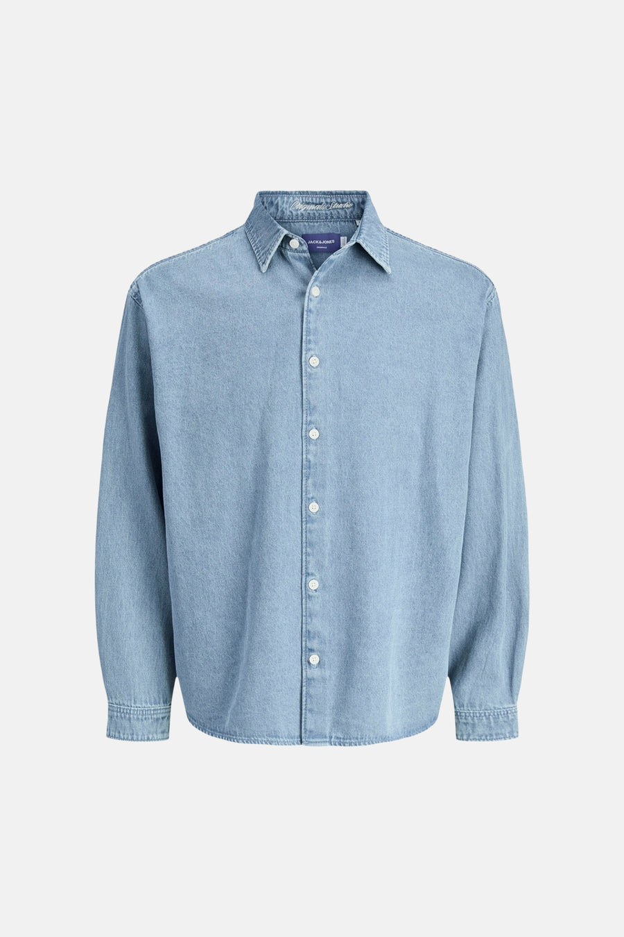 Lichtblauw denim overhemd met lange mouwen van ORIGINALS BY JACK & JONES en witte knopen.