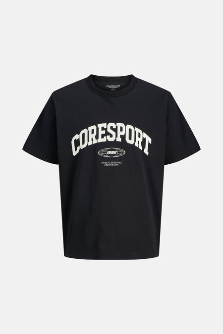 T-shirt noir à manches courtes de Core by Jack & Jones, avec un logo blanc "Coresport" et un design sportif.