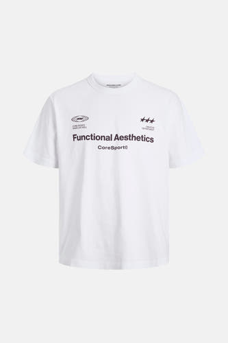 T-shirt blanc à manches courtes de Core by JACK & JONES, avec texte et logos sur l'avant.