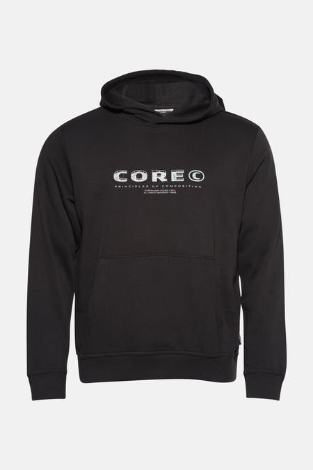 Zwarte sweater met kap van CORE BY JACK & JONES, met witte tekstprint op de borst.