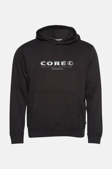 Zwarte sweater met kap van CORE BY JACK & JONES, met witte tekstprint op de borst.
