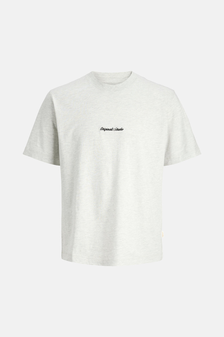 Grijs gemêleerd T-shirt met korte mouwen en zwarte tekst "Originals Studio".