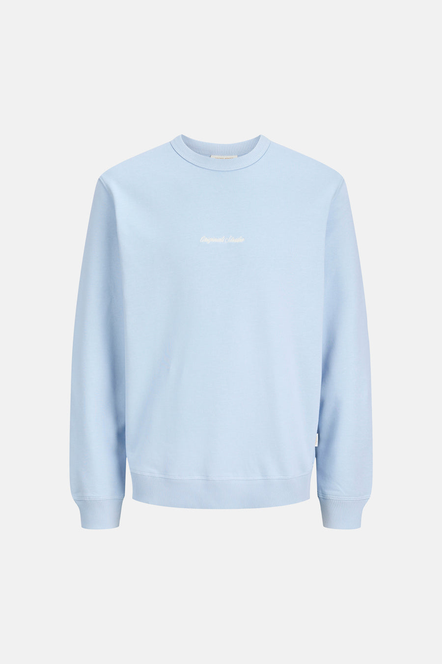 Pull bleu clair de ORIGINALS BY JACK & JONES avec col rond, bords côtelés et inscription subtile 'Originals Studio' sur la poitrine.
