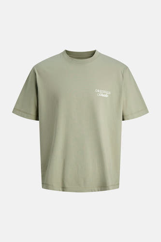 T-shirt vert à manches courtes de ORIGINALS BY JACK & JONES, avec un imprimé texte blanc 'Originals Studio'.