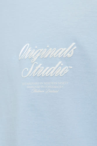 T-shirt bleu à manches courtes de ORIGINALS BY JACK & JONES, avec imprimé texte blanc.