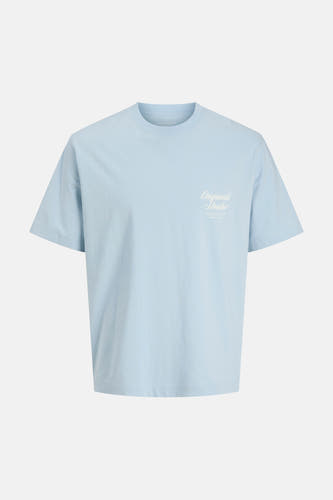 T-shirt bleu à manches courtes de ORIGINALS BY JACK & JONES, avec imprimé texte blanc sur la poitrine.