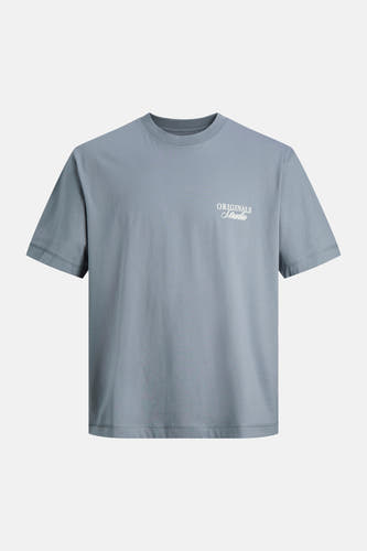 T-shirt bleu à manches courtes de ORIGINALS BY JACK & JONES, avec un imprimé texte blanc sur la poitrine.