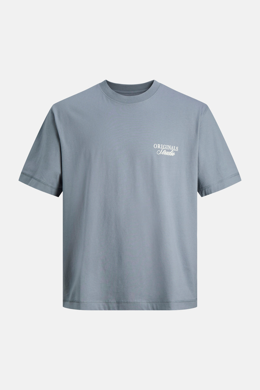T-shirt bleu à manches courtes de ORIGINALS BY JACK & JONES, avec un imprimé texte blanc sur la poitrine.