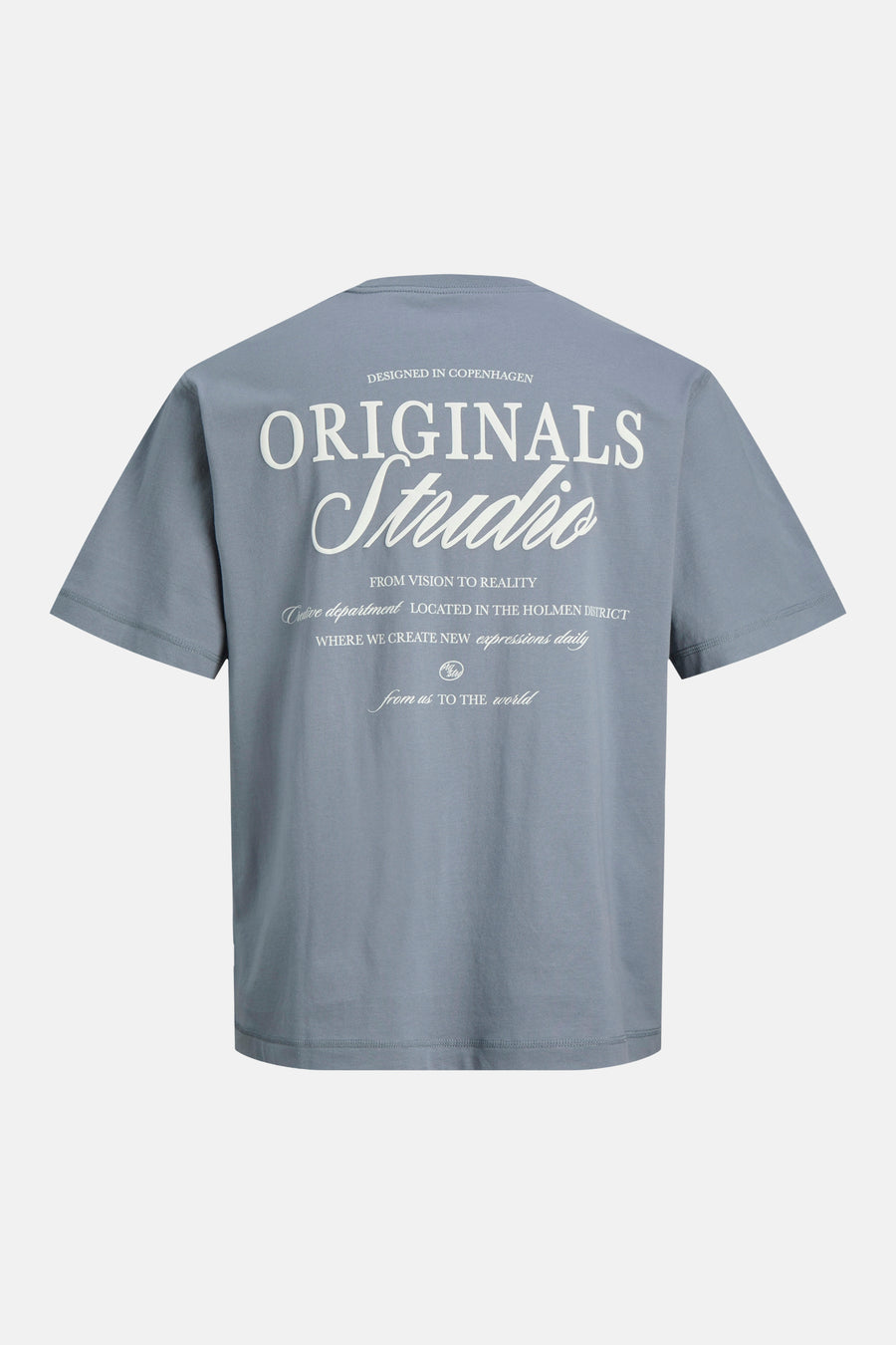 T-shirt bleu à manches courtes de ORIGINALS BY JACK & JONES, avec imprimé texte blanc au dos.