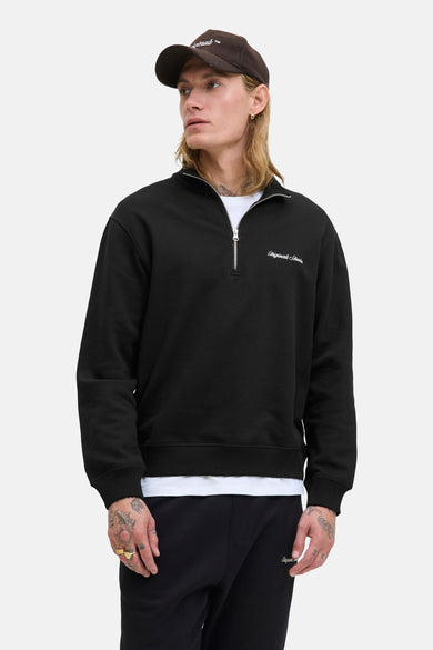 Gilet noir d'ORIGINALS BY JACK & JONES, avec une fermeture éclair argentée et le nom de la marque brodé.