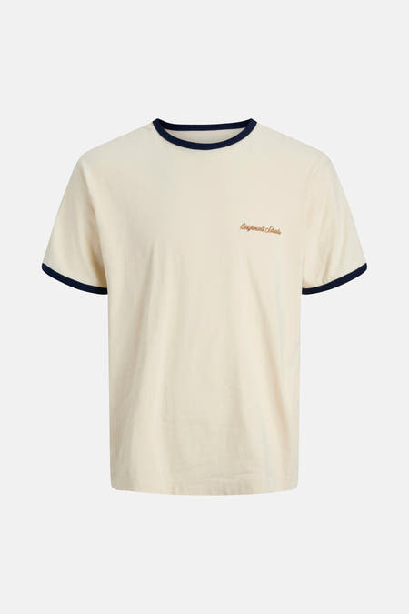 T-shirt beige à manches courtes d'ORIGINALS BY JACK & JONES, avec finition bleu marine le long de la ligne du col et des manches.