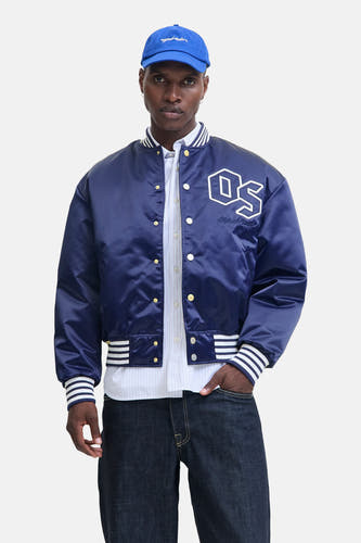 Veste bleue d'ORIGINALS BY JACK & JONES, avec des rayures blanches sur les bordures et une patch brodée.