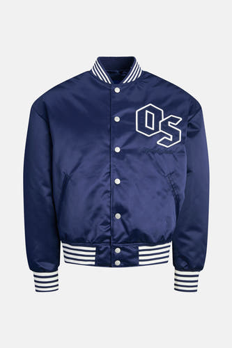 Veste bleue d'ORIGINALS BY JACK & JONES, avec des rayures blanches sur le col, le bas et les manches, et un logo sur la poitrine.