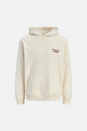 Pull beige à capuche ORIGINALS BY JACK & JONES, avec un petit logo bordeaux et une poche kangourou à l'avant.