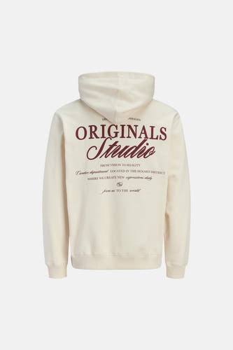 Pull beige à capuche de ORIGINALS BY JACK & JONES, avec imprimé texte au dos.