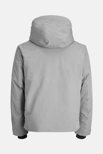 Manteau court gris de CORE par JACK & JONES, avec capuche, vu de derrière.