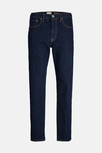 Donkerblauwe tapered jeans van PREMIUM by JACK & JONES, met contrasterende stiksels.
