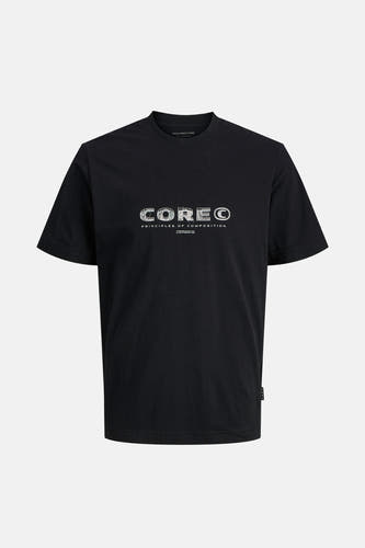 T-shirt noir à manches courtes de CORE by JACK & JONES, avec une impression textuelle graphique sur la partie avant.