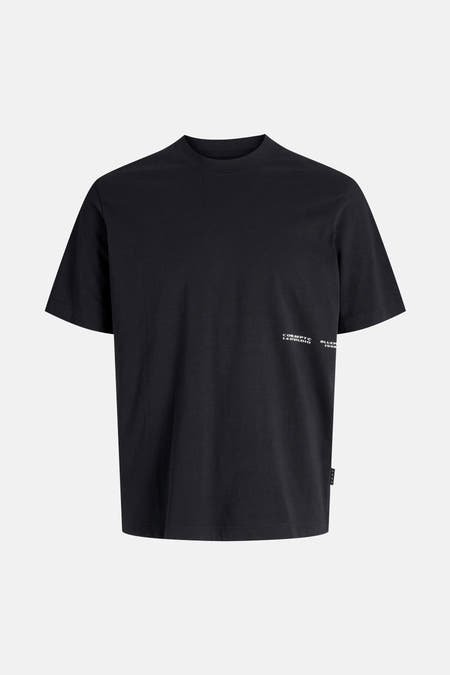 T-shirt noir à manches courtes de CORE BY JACK & JONES, avec une impression de texte blanche sur l'avant.