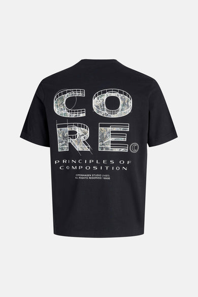 T-shirt noir à manches courtes de CORE BY JACK & JONES, avec une impression graphique sur le dos.