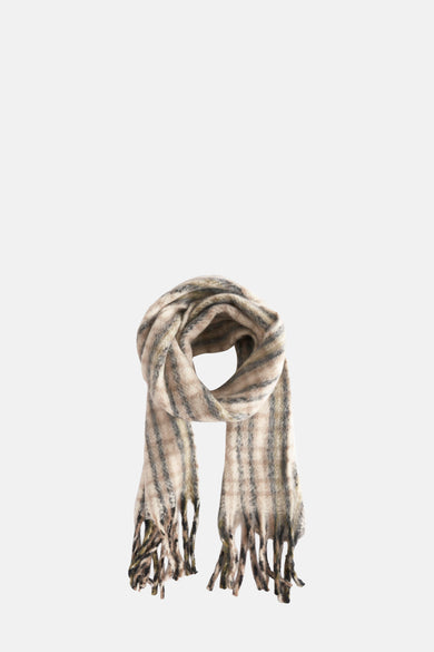 Écharpe d'hiver beige d'ACCESSORIES BY JACK & JONES avec motif rayé et franges.