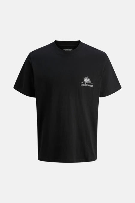 T-shirt noir à manches courtes d'ORIGINALS par JACK & JONES, avec une impression graphique sur la poitrine.