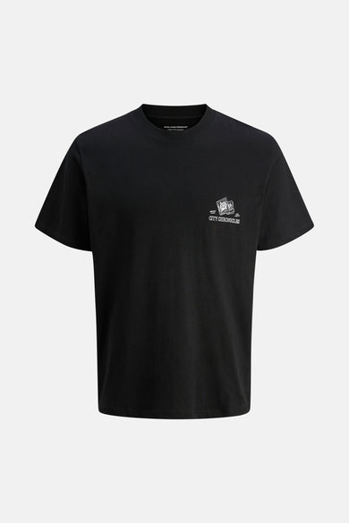 T-shirt noir à manches courtes d'ORIGINALS par JACK & JONES, avec une impression graphique sur la poitrine.