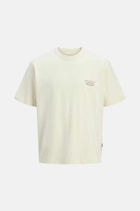 T-shirt beige à manches courtes d'ORIGINALS BY JACK & JONES, avec un imprimé sur le dos.